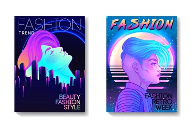 futuristic synth wave style. retroparty  flyer template. portrait of a young pretty androgynous woman with short shaved pixie undercut in retro futurism style. vector illustration in neon bright color