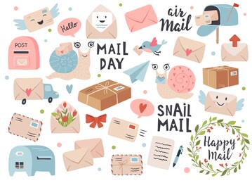 mail and post icon set with envelopes and snail cartoon. perfect for scrapbook, sticker kit, tags. hand drawn vector illustration.