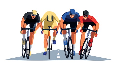 men's bicycle race. cyclists at the finish line are fighting for the victory.  men's multiple stage bicycle race. final sprint front view. athletes on bikes are finishing the race.  vector flat design