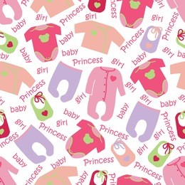 colorful clothes for newborn baby girl seamless pattern or ornament with words baby girl princess.girl models, baby fashion.for fabrics,wallpaper,packaging,background.vector cartoon illustration
