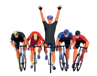 men s bicycle race. cyclists at the finish line are fighting for the victory. final sprint front view. athletes on bikes are finishing the race and pushing each other with elbows. vector flat design