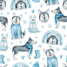 watercolor seamless pattern with dogs huskies in winter clothes. hand drawn texture with husky on white background