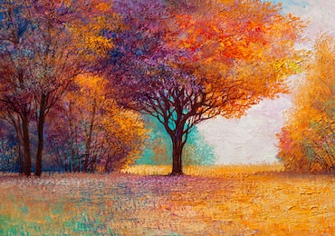 autumn forest , orange leaves.original landscape painting with oil paints.