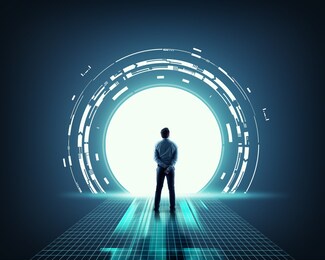 businessman in front of a portal . big data information server .