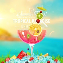 summer holidays vector illustration set with cocktails, palms, sun, sky, sea, fruits and berries.