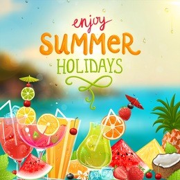 summer holidays vector illustration set with cocktails, palms, sun, sky, sea, fruits and berries.