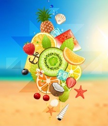 summer holidays vector illustration set with cocktails, palms, sun, sky, sea, fruits and berries.