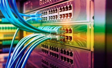 server rack with blue and red internet patch cord cables connected to black patch panel in data server room