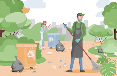 people clean park, collect and sort garbage vector flat illustration. man and woman taking care of planet, gathering waste in containers. eco-friendly lifestyle, ecology protection concept.