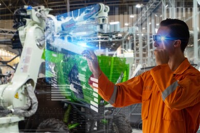 smart factory which use futuristic technology which combine big data, iot, 5g, machine deep learning, automation robot, augmented mixed virtual reality, digital twin, artificial intelligence