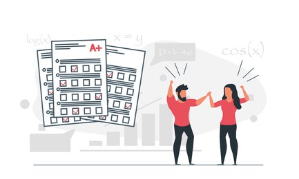 passing exam with excellent marks for man and woman. students study and test their knowledge concept illustration