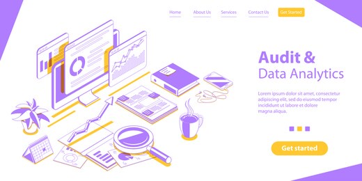 audit report and data analytics, company performance analysis. 3d isometric flat conceptual illustration.