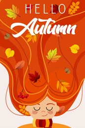 vector illustration hello autumn girl in a sweater with leaves in her hair