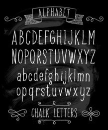 vector set with hand written abc letters and typography elements on black background. chalk design