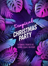 tropic christmas party neon flyer, vibrant vector summer holiday poster, disco monstera palm leaves design, winter beach holidays, new year tropical background, paradise purple template illustration