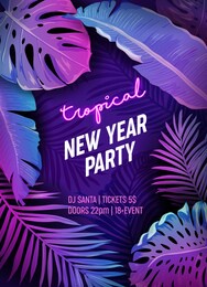 tropic new year party neon flyer, vibrant vector christmas holiday poster, disco monstera palm leaves design, winter beach holidays, tropical background, paradise purple template illustration