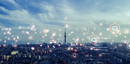 smart city and communication network concept. 5g. iot (internet of things). telecommunication.