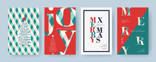 merry christmas and happy new year set of backgrounds, greeting cards, posters, holiday covers. design templates with typography, season wishes in modern minimalist style for web, social media, print