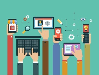 mobile apps concept. mobile apps concept. flat design vector illustration. human hand with mobile phone, tablet, laptop and interface icons