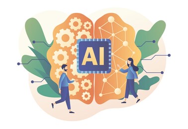 artificial intelligence concept. digital brain with neural network and tiny people. ai chip, machine learning, analysis information. modern flat cartoon style. vector illustration on white background