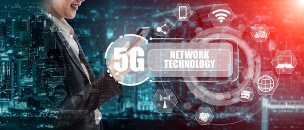 advanced communication and global internet network connection in smart city . concept of future 5g wireless digital connecting and social media networking .