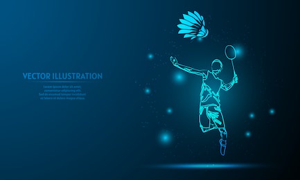 glowing player badminton on a dark blue background of the space with shining stars.