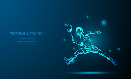 glowing player badminton on a dark blue background of the space with shining stars.