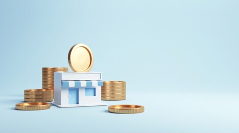 coin in stores, earning money with franchise business, 3d render