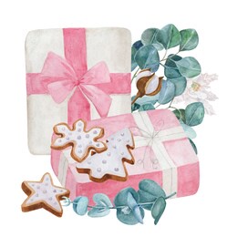 christmas presents decorated with eucalyptus and cookies watercolor illustration. hand painted wrapped gifts with ribbons isolated on white background.