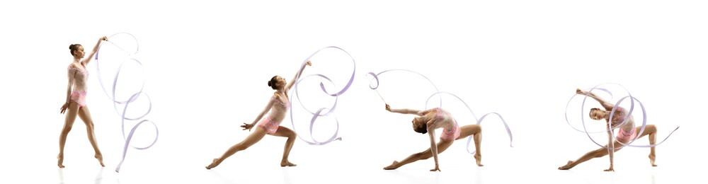 dynamic. little flexible girl isolated on white studio background. female rhythmic gymnastics artist in bright leotard. grace in motion, action and sport. doing exercises, collage with copyspace.