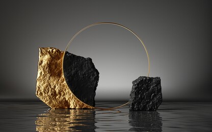 3d render, abstract modern minimal background with black and gold cobblestones, reflection in the water on the wet floor. blank showcase with golden round frame, empty platform for product displaying