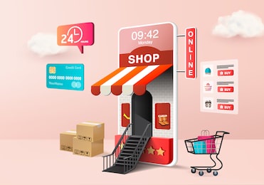 shopping online store for sale, mobile e-commerce with 3d pink pastel background, shop online on mobile app 24 hours. shopping cart, credit card. minimal store device 3d vector rendered
