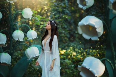 a beautiful young woman with long hair in a fantasy forest