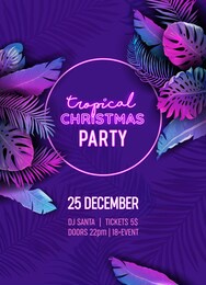 disco christmas tropic party vector poster, new year summer holiday flyer, neon monstera palm leaves design, winter beach holidays, vibrant template brochure, tropical background, paradise cover
