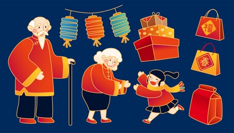 set of chinese new year elements, isolated on navy blue background, translation: good fortune, spring