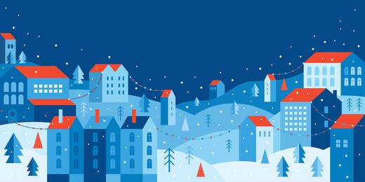 urban landscape in a geometric minimal flat style. new year and christmas winter city among snowdrifts, falling snow, trees and festive garlands. abstract horizontal banner with space for the text.
