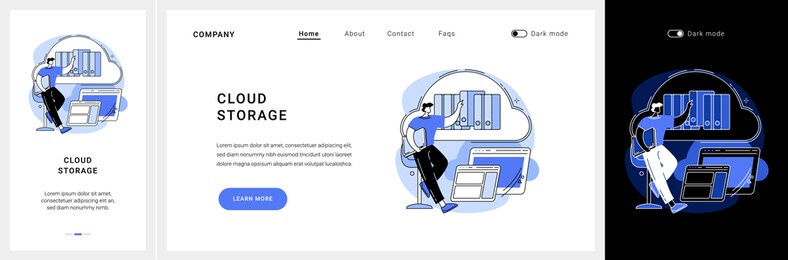 cloud storage website ui kit. digital hosted storage, database security, data infrastructure service, cloud computing, information hosting technology landing and mobile app vector ui template.