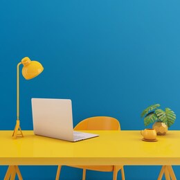 table with laptop mock up. yellow chair, lamp, table on blue background. working space concept 3d rendering