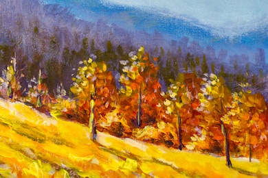 autumn painting. fall artwork. autumnal park illustration. autumn trees and leaves in sun rays. autumn scene