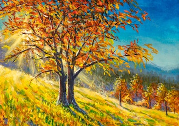 autumn painting. fall artwork. autumnal park illustration. autumn trees and leaves in sun rays. autumn scene