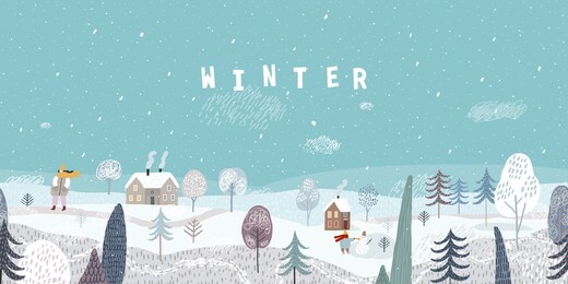 cute winter landscape. winter banner. winter walk. lovely houses in a snowy valley. horizontal seamless landscape.