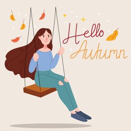 hello autumn lettering. the girl on the swing is glad that autumn has come. warm weather.