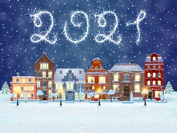 happy new year and merry christmas winter old town street with trees. christmas card with cityscape and fireworks. concept for greeting and postal card, invitation, template, vector illustration