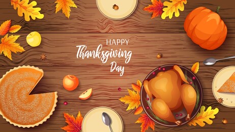 happy thanksgiving banner with baked turkey, autumn leaves, pumpkin pie, apples and plates on the wooden background. vector illustration for postcard, banner, card, poster, background.