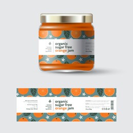 orange jam label and packaging. jar with cap with label. white strip with text and on seamless pattern with fruits, flowers and leaves.