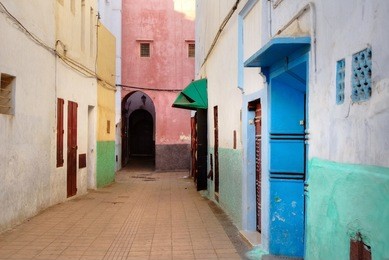 rainbow colored street in rabat, morocco