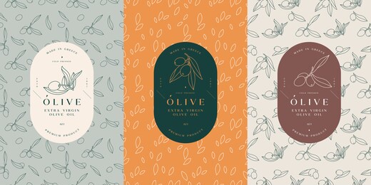 vector set labels with olive branch - simple linear style. emblems composition with olives and typography. seamless pattern