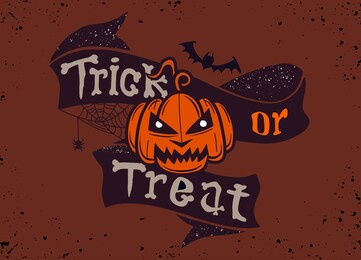 trick or treat isolated quote and design elements. holiday illustration. hand drawn doodle letters, skull and pumpkin