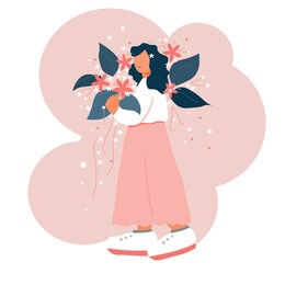 women in white blouse pink skirt and white shoes with pink flowers in hand