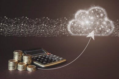 coins stack and calculator on brown background with low poly cloud. concept of money saving, financial. savings money and income investment ideas and financial management for the future. copy space